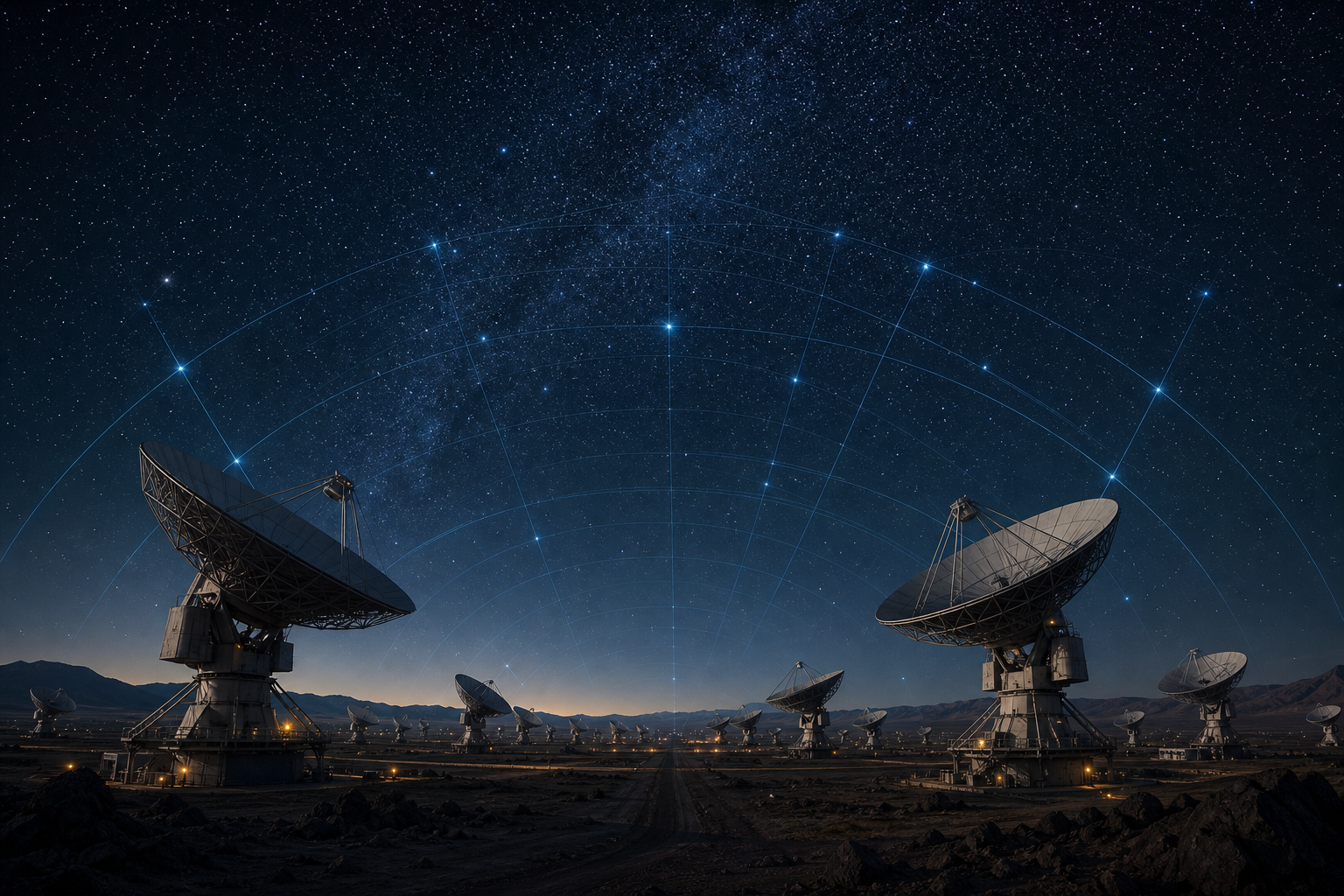 Ein Radioteleskopfeld unter Sternen mit schwachen elektromagnetischen Bögen in den Himmel