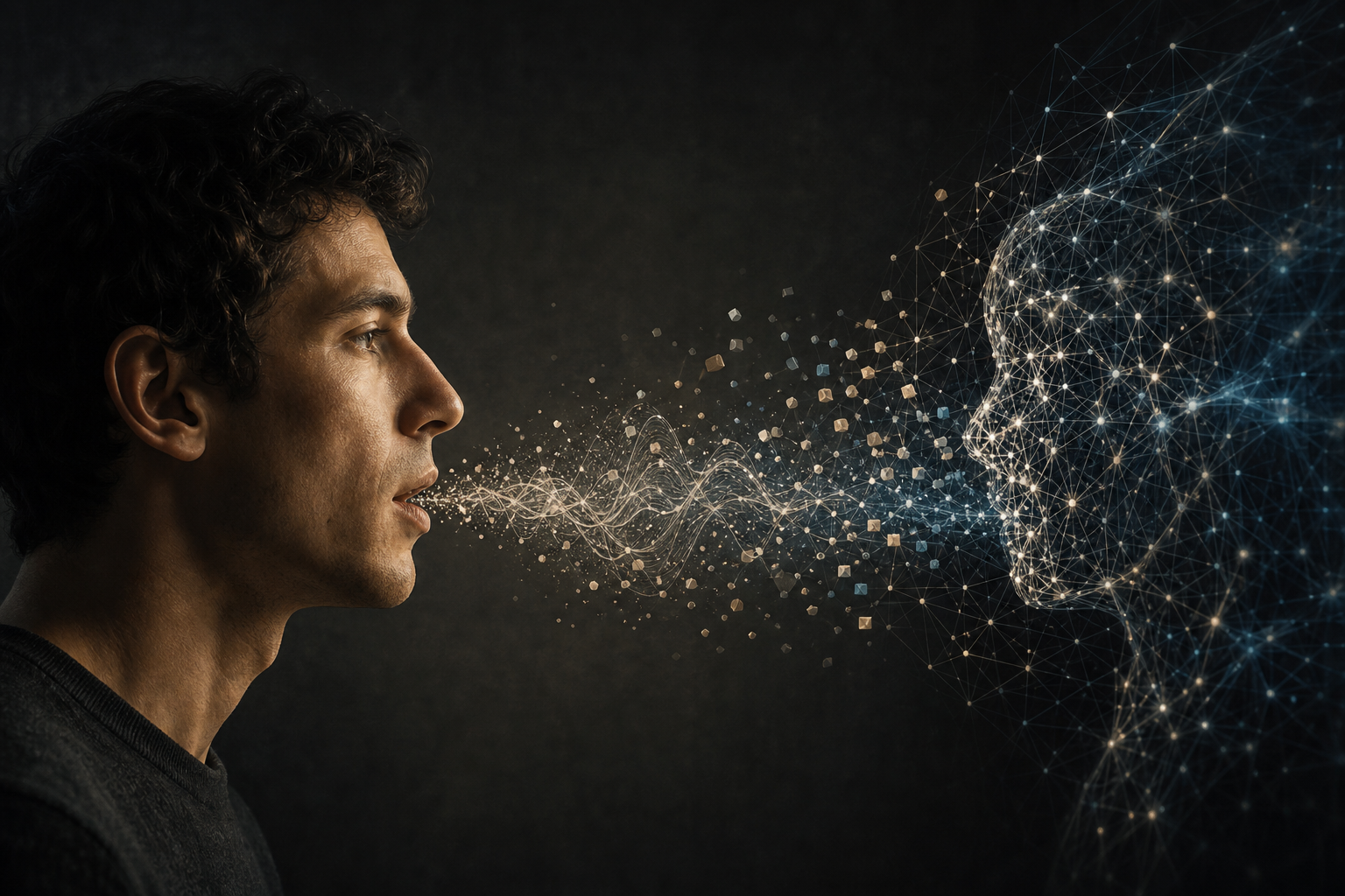 Ein menschliches Profil gegenüber einem nichtmenschlichen neuronalen Gitter, mit sprachähnlichen Fragmenten zwischen beiden